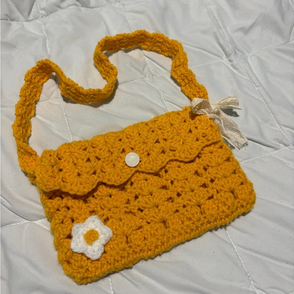 Handmade Handbags - Handmade Orange Crochet Mini Bag with Flower Accent